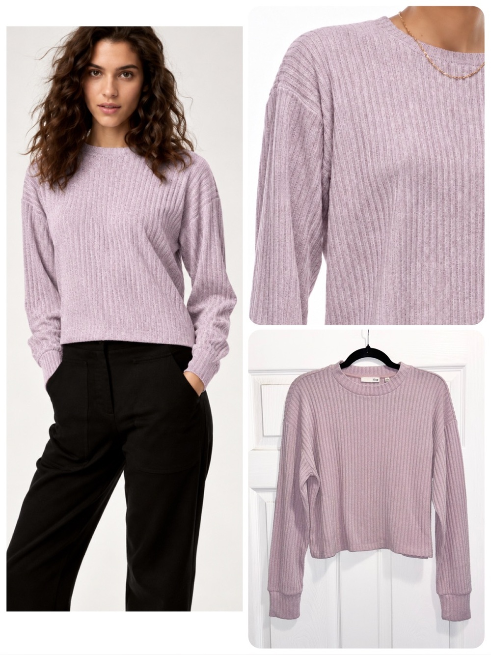 Aritzia Wilfred Rudko Ribbed Cropped Crew Neck Sweater Purple Pink Size Small